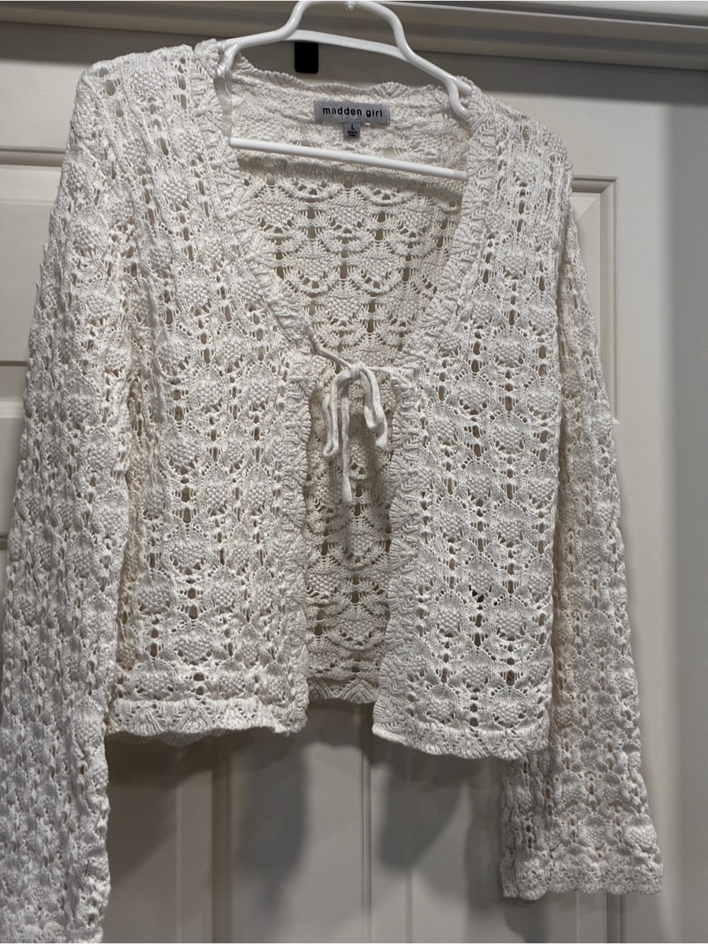 Madden Girl Ivory Crochet Tie-Front Cardigan